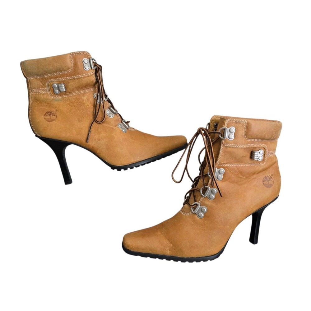 Timberland Vintage Hiker Heels Stiletto Booties Womens Size 8M Leather Wheat